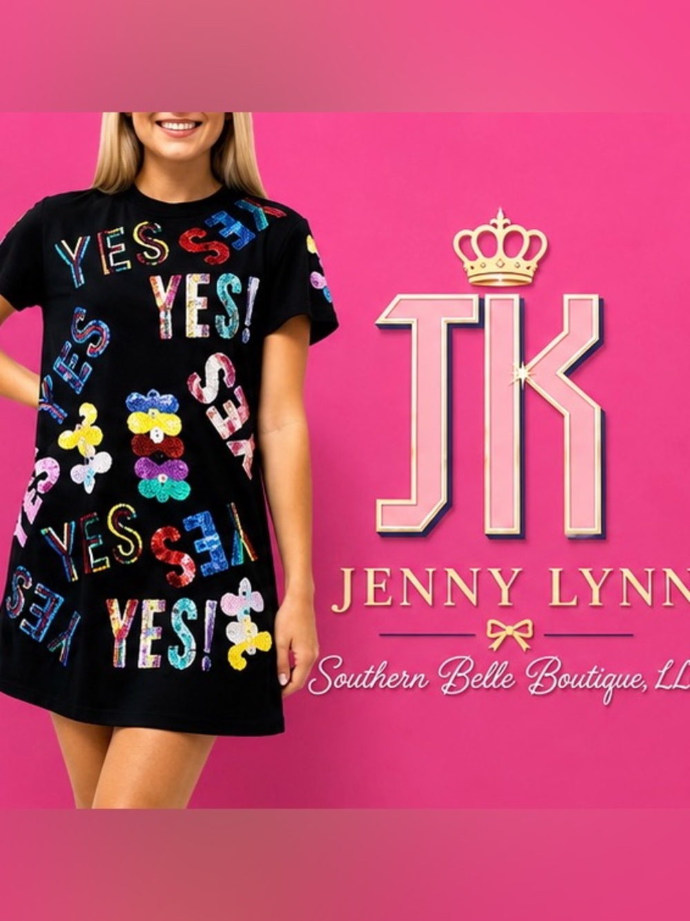 QUEEN OF SPARKLES Black Mini Dress with Multicolor Sequin YES Motif